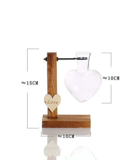 Love Heart Shape Clear Glass Hydroponic Flower Vase Terrarium Wooden Stand Holder Decoratio Glass Tabletop Plant Flower Vase