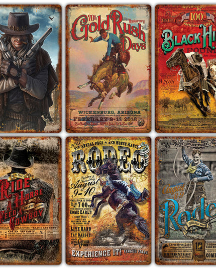 Western cowboy vintage tin painting
