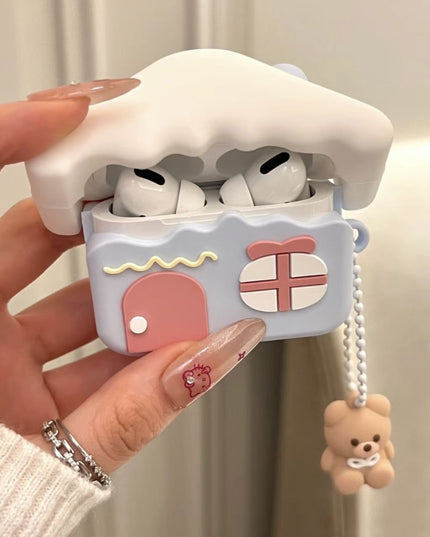 Cute Snow Roof House Wireless Bluetooth Earbuds Case