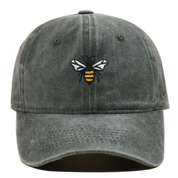Bee Embroidery Baseball Cap Vintage Worn Looking Washed-out