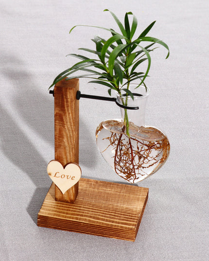 Love Heart Shape Clear Glass Hydroponic Flower Vase Terrarium Wooden Stand Holder Decoratio Glass Tabletop Plant Flower Vase