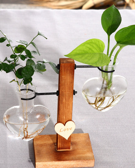 Love Heart Shape Clear Glass Hydroponic Flower Vase Terrarium Wooden Stand Holder Decoratio Glass Tabletop Plant Flower Vase