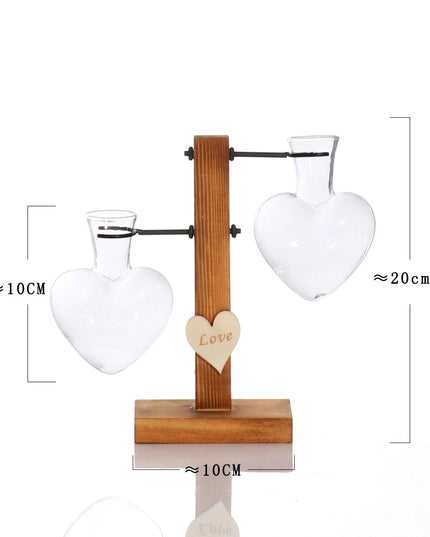 Love Heart Shape Clear Glass Hydroponic Flower Vase Terrarium Wooden Stand Holder Decoratio Glass Tabletop Plant Flower Vase