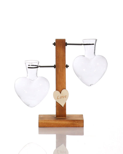 Love Heart Shape Clear Glass Hydroponic Flower Vase Terrarium Wooden Stand Holder Decoratio Glass Tabletop Plant Flower Vase